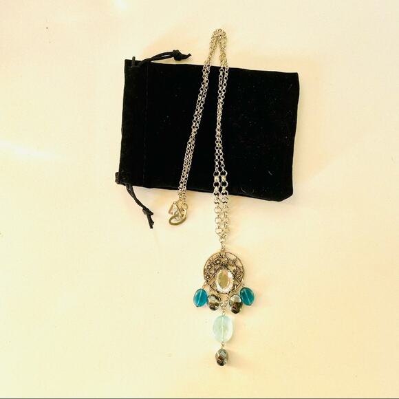 NORDSTROM VINTAGE Silver Double Length Layering Pendant Beaded Necklace Jewelry - Picture 2 of 5